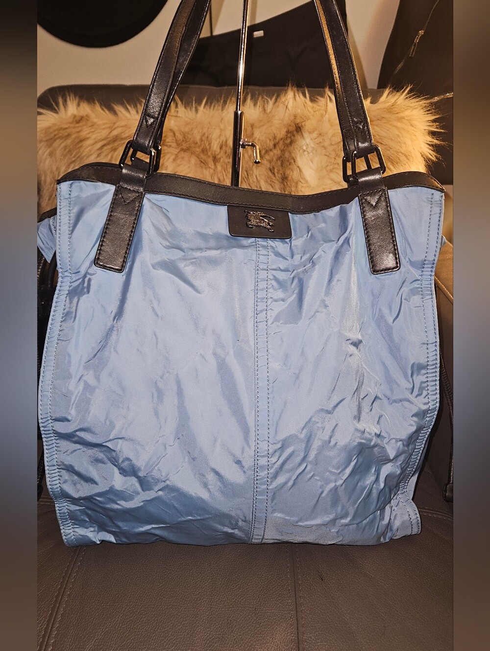 Burberry Light Blue Nylon Tote Bag with Black Trim